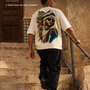 Un homme vu de dos monte un escalier en pierre, vêtu d’un T-shirt oversize écru au grand visuel Sahrawi coloré. Texte : « SAHRAWI — L’héritage en mouvement. » Logo NAJlife en haut à droite.