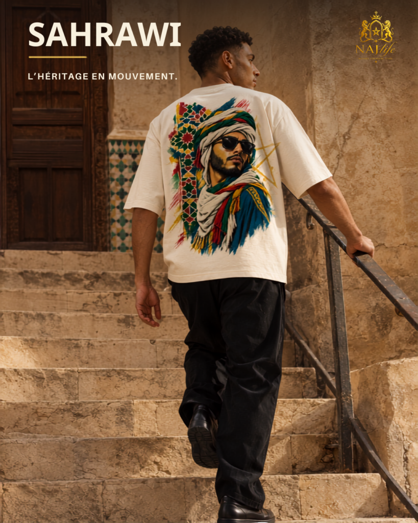 Un homme vu de dos monte un escalier en pierre, vêtu d’un T-shirt oversize écru au grand visuel Sahrawi coloré. Texte : « SAHRAWI — L’héritage en mouvement. » Logo NAJlife en haut à droite.